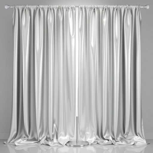 create a realistic silver curtain draped elegantly on a simple stand with a glossy texture and soft lighting