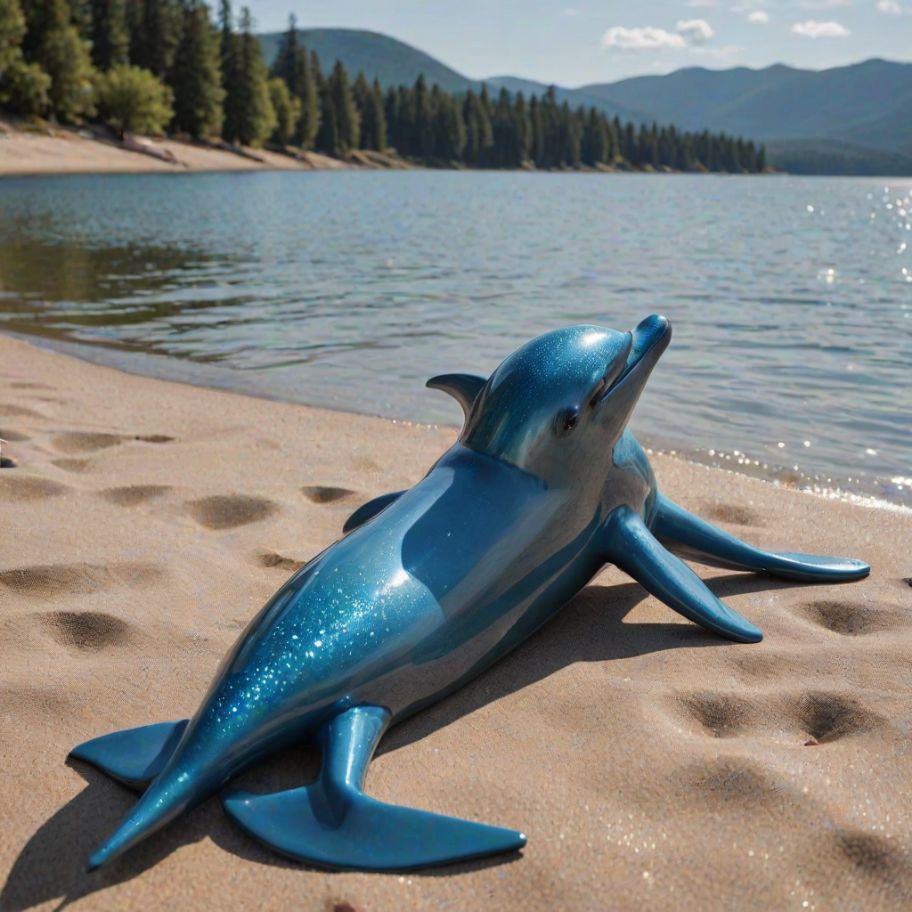 animanflux,This is a highly detailed realistic candid photography depicting an anthropomorphic animal figure.By a tranquil lake, an anthropomorphic dolphin character lies on the beach basking in the sun. The dolphin has smooth blue skin and bright eyes, wearing a blue swimsuit. His fins shimmer in the sunlight, and his tail gently slaps the sand. The lake is sparkling, with the distant mountains reflected on the water's surface.