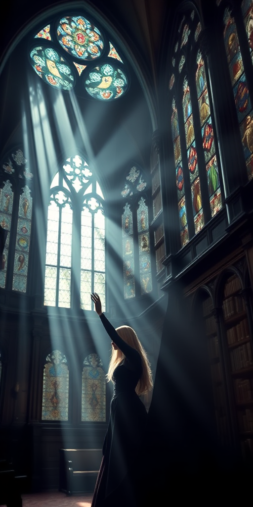 Generate a fantastical scene of a vampire and a woman in a grand gothic library with stained glass windows, illuminated by sunlight beams, captured with a DSLR camera at f/1.8 aperture, ISO 100, 50mm focal length, with a soft focus effect to enhance the magical atmosphere.