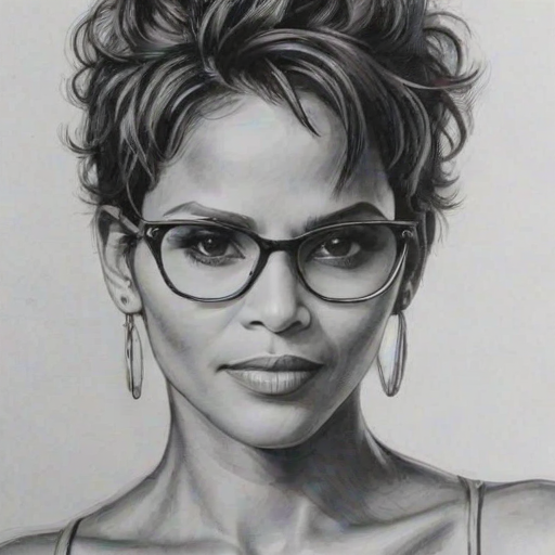 Lovely Halle Berry, pencil sketch, portrait of Stunning woman 1938s in glasses, hair style beatnik, outline, clear lines, fine lines, 8k