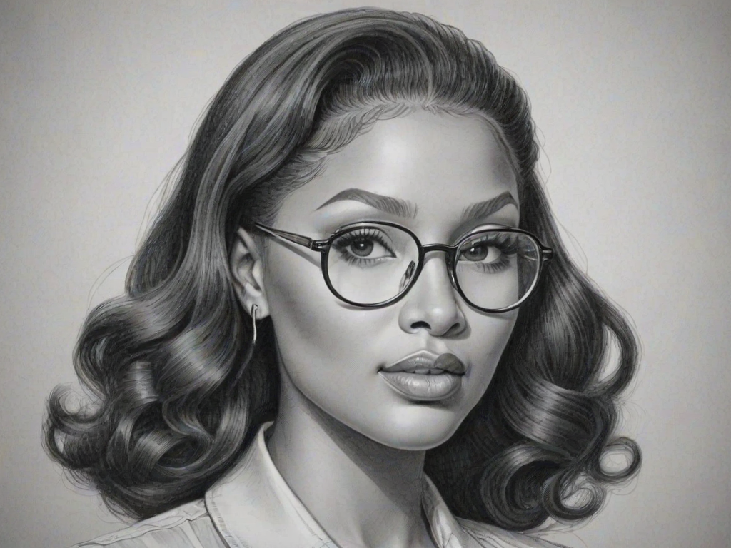 Alluring Nicki Minaj, pencil sketch, portrait of Fetching woman 1940s in glasses, hair style beatnik, outline, clear lines, fine lines, 8k