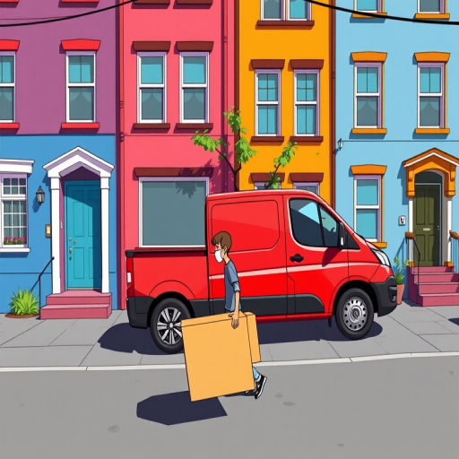 Generate a vibrant digital illustration of a red delivery van parked beside two colorful houses, with a person carrying two large boxes on the street, using a Canon EOS R5 with a 24-70mm f/2.8 lens, aperture set to f/8, ISO 100, in a bright, cartoonish style and wide-angle view.