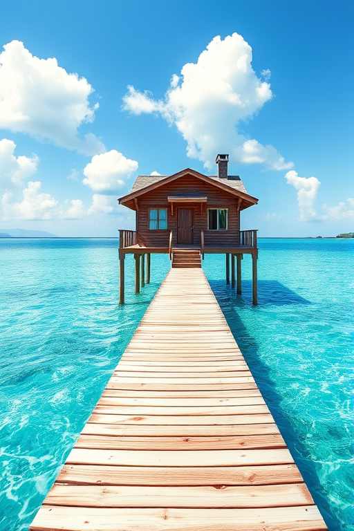 Create an image of a wooden house on stilts over a clear blue lake with a long wooden walkway leading to it, under a bright sunny sky with fluffy white clouds, using a DSLR camera with a 24mm lens, aperture f/8, ISO 100, and a wide-angle view for enhanced clarity and detail.