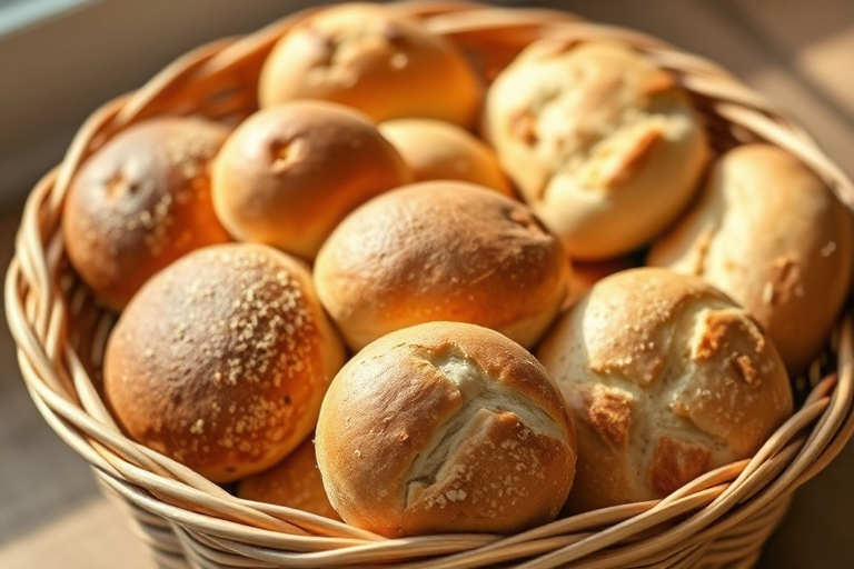 A basket filled with a variety of fresh, warm bread rolls, captured in natural light with a shallow depth of field, using a Canon EOS R5 with a 50mm lens at f/2.8, ISO 100, and 1/125s shutter speed.
