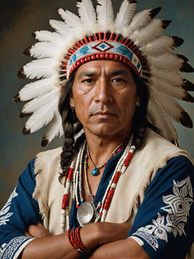 Create a dignified portrait of a Native American man dressed in traditional attire. He wears a beautifully crafted headdress adorned with white feathers and red beads, along with a beaded headband featuring intricate patterns. His clothing includes a deep blue, patterned shirt and a traditional chest piece with detailed beadwork. His arms are crossed, displaying leather armbands decorated with feathers. The background is simple and neutral, emphasizing his proud and stoic expression. The overall image captures the rich cultural heritage and strength of his persona.