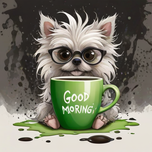 A quirky, artistic illustration of a disheveled peekapoo dog breed with exaggerated, large eyes and spiky fur, holding a coffee mug that reads "Good Morning". The dog has a tired but humorous expression, with ink splatters and abstract details surrounding it, giving a whimsical feel to the image. The color palette is mostly monochrome with hints of green in the eyes and steam rising from the mug, enhancing the overall sleepy vibe
