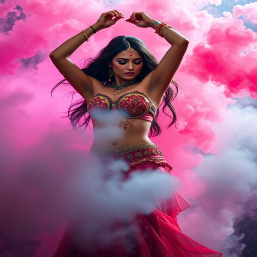 Create a high-resolution image of a graceful belly dancer in intricate costume, with flowing movement and soft lighting; use a DSLR camera with a 50mm lens, f/1.8 aperture, ISO 100, and 1/200 sec shutter speed; capture from a low angle to emphasize her pose against a vibrant, colorful smoke background.