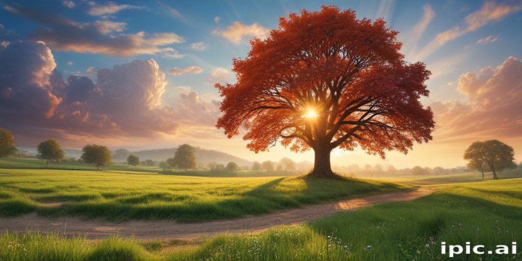 A Majestic Sunset Behind a Vibrant Red Tree in a Serene Landscape.