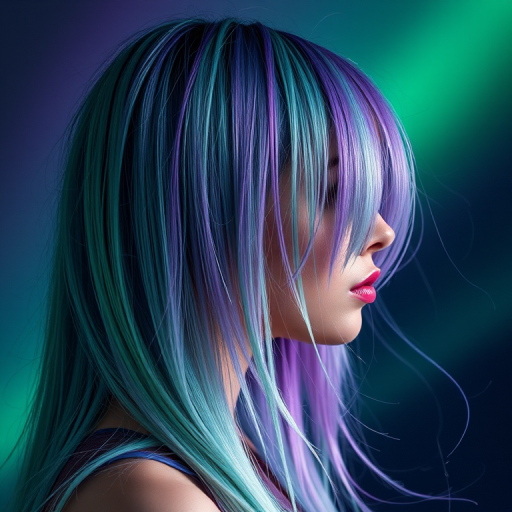 Mystical image of a person with Aurora Borealis locks, shimmering greens and purples in a long, straight cut with wispy, floating tendrils