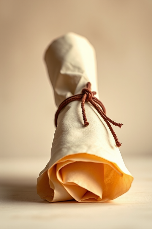 Create a highly detailed image of a parchment scroll rolled up with a leather tie, using a DSLR camera with a 50mm lens at f/2.8 aperture, ISO 100, and a soft natural light setting, capturing the texture and color variations of the parchment against a gradient background.