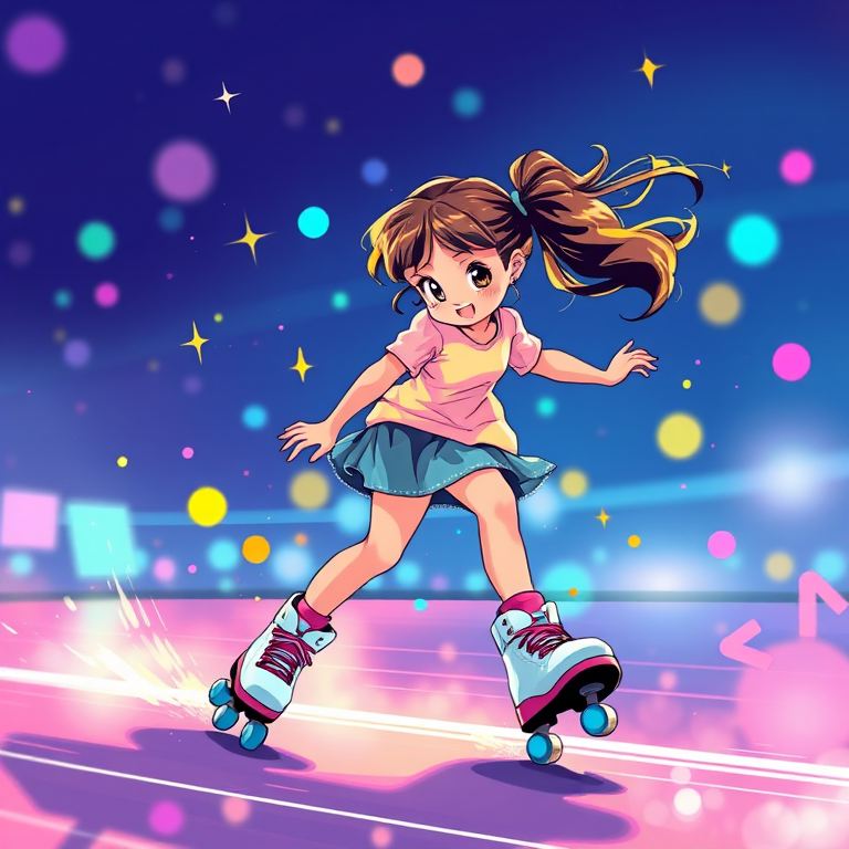 Create a vibrant illustration of a girl roller skating, featuring dynamic motion with colorful sparkles around her, using a digital art style with soft shading, shot in a wide-angle view, at a resolution of 300 DPI, with an eye-level perspective.