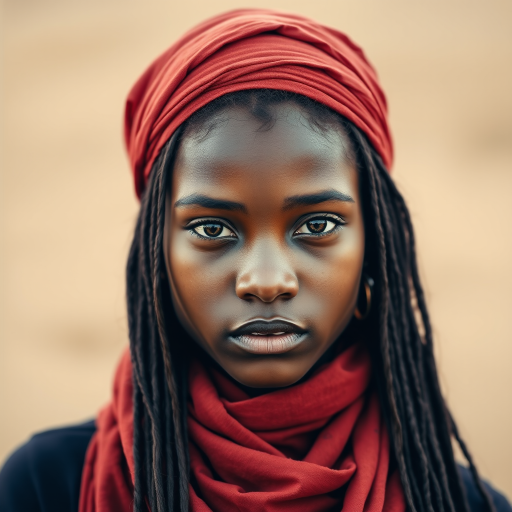 Create a portrait of a young Zulu woman with long, dark hair and captivating hazel eyes. She is wearing a red headscarf and a matching scarf draped gracefully around her neck. The background is softly blurred, focusing attention on her serene and natural expression. The overall color palette is muted and warm, enhancing the intimate and authentic feel of the portrait.