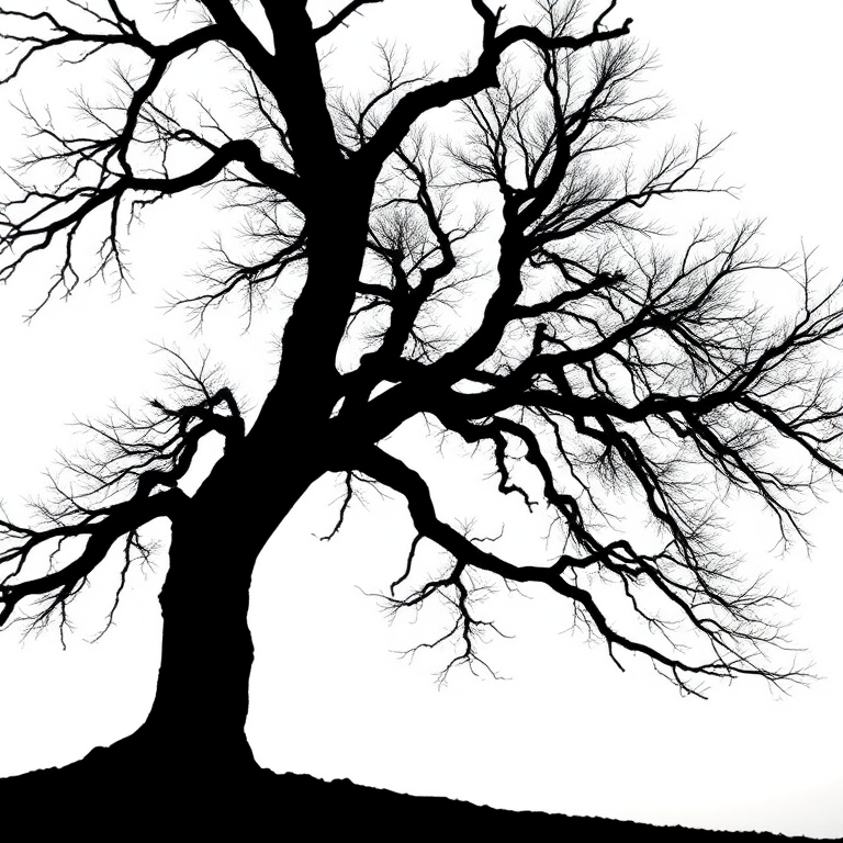 Create an image of a minimalistic black silhouette of a tree with intricate branches against a white background, captured with a DSLR camera at f/2.8, ISO 100, 50mm lens, with a shallow depth of field and high dynamic range for enhanced clarity and detail.