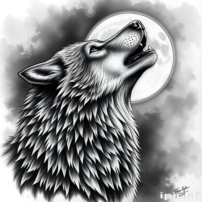 Realistic black and gray tattoo of a majestic wolf howling at the moon, showcasing incredible detail in fur texture and piercing eyes, with smoky background effects for added atmosphere