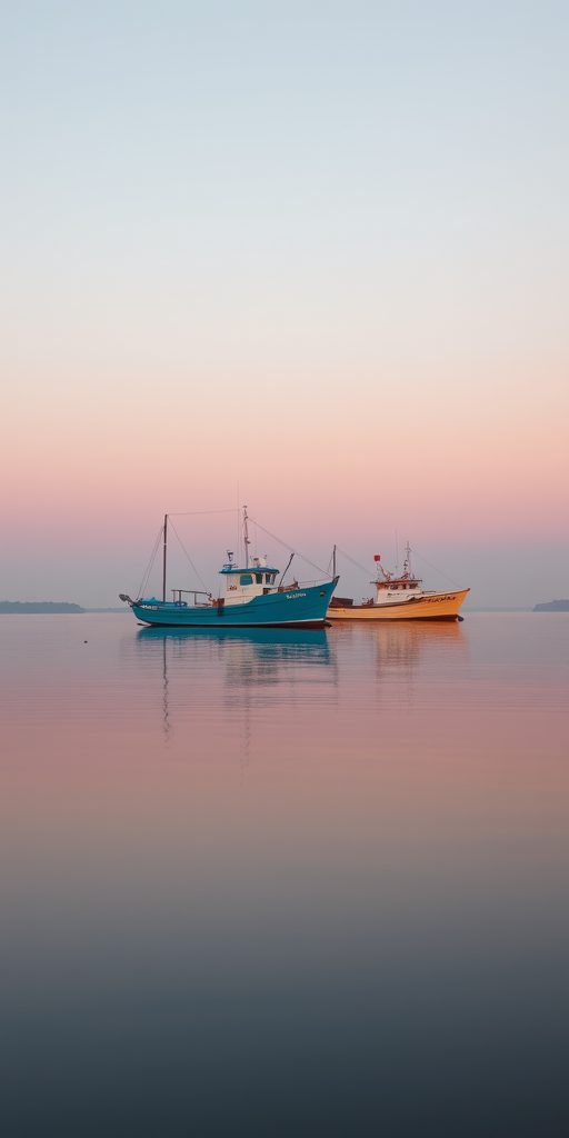 capture a serene landscape of three fishing boats on calm water at dawn, soft pastel pink sky, long exposure for smooth water effect, DSLR camera with a 35mm lens, f/8 aperture, ISO 100, shot from a low angle with a slight tilt to emphasize reflection