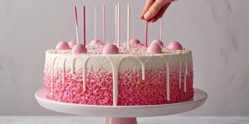 Create a pink ombre cake with a smooth finish. The cake should feature a glossy drip effect along the sides and be adorned with various pink candies, including a large lollipop on top, along with smaller round candies and decorative sprinkles. Place the cake on a white cake stand against a simple background.