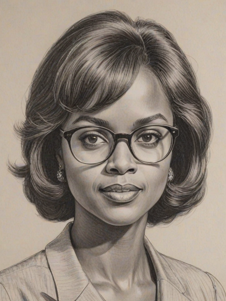 Superb Anita Hill, pencil sketch, portrait of Bewitching woman 1968s in glasses, hair style beatnik, outline, clear lines, fine lines, 8k