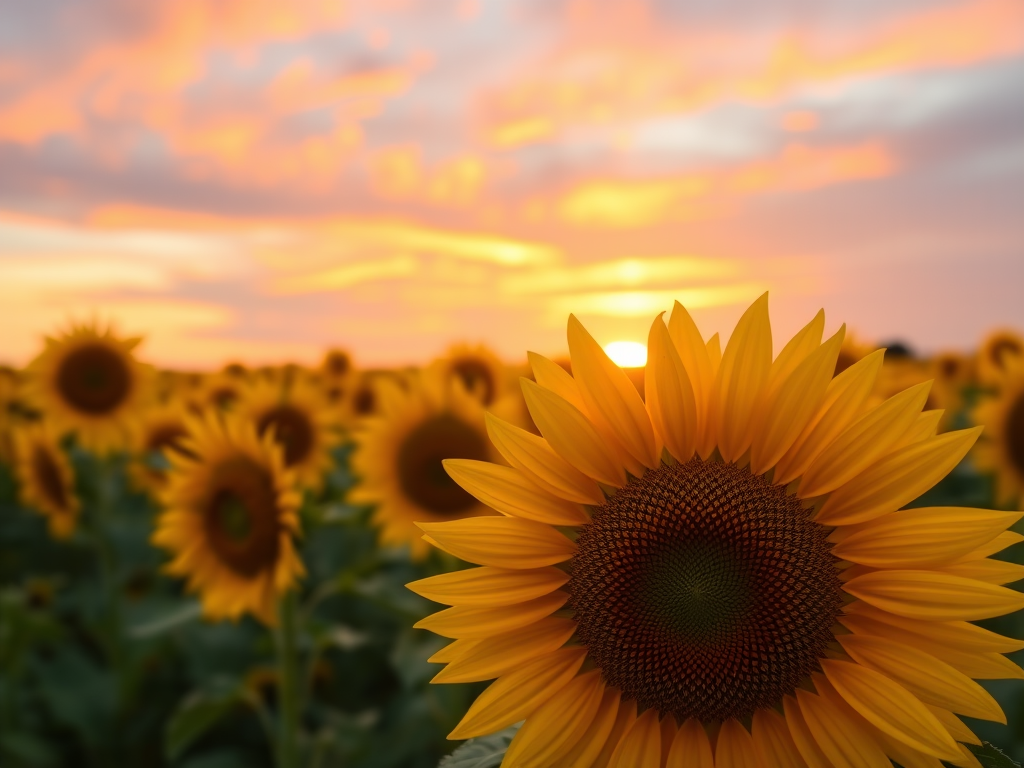 sunflower field at sunset with vibrant colors in the sky, close-up of sunflowers in the foreground, shallow depth of field, soft focus background, camera settings: ISO 100, f/2.8, 1/250s, camera view: wide angle, camera style: landscape photography, camera type: DSLR