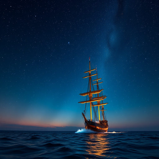 Create a high-resolution digital illustration of a tall ship sailing through a starry night sky, utilizing a Canon EOS R5 camera with a 50mm lens, f/1.8 aperture, ISO 100, and long exposure to capture vibrant colors and fine details.