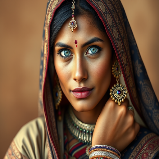 Create a portrait of a beautiful Nepali woman with striking white eyes and a gentle expression. She is adorned in traditional attire with intricate patterns, including a richly embroidered headscarf and matching garments. Her jewelry includes a delicate headpiece, dangling earrings, and ornate bracelets, all featuring vibrant gemstones and detailed metalwork. The background is soft and warm, enhancing the rich colors of her outfit and jewelry.