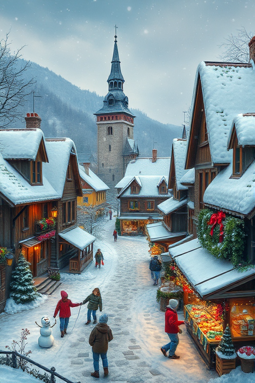 Quaint village during winter, with snow-covered rooftops, children building snowmen, and a festive market filled with twinkling lights and holiday cheer.