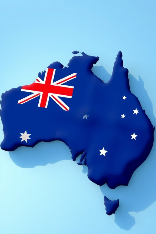 Create a vibrant illustration of Australia with the Australian flag superimposed, using a Canon EOS R5 camera, 50mm lens, f/8 aperture, ISO 100, shot from a slightly elevated angle to enhance depth and clarity, ensuring bright colors and sharp details.