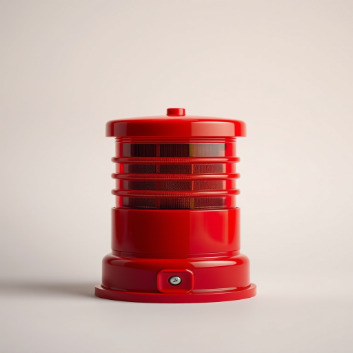 Create a high-resolution image of a red emergency siren with a glossy finish, placed centrally against a contrasting background, using a Canon EOS 5D Mark IV, 50mm lens, aperture f/1.8, shutter speed 1/200s, ISO 100, soft lighting for enhanced clarity and detail.