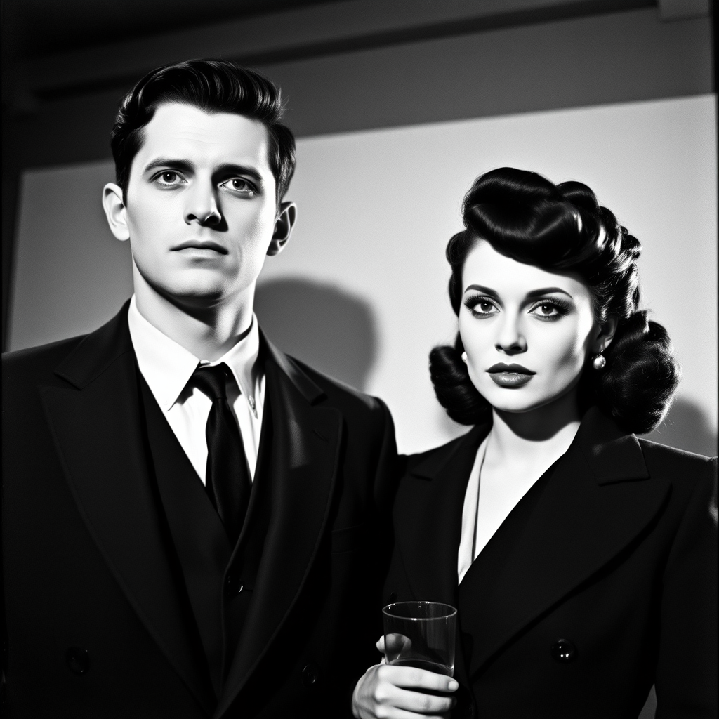 Black-and-white photograph, couple, tailored suits, retro hairstyles, film noir style, Tilt the camera for a dynamic Dutch angle using a versatile 24-70mm lens
