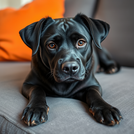 Regenerate a high-quality image of a black dog resting on a gray couch with an orange pillow in the background, shot with a DSLR camera, 50mm lens, aperture f/1.8, ISO 200, natural light, shallow depth of field.