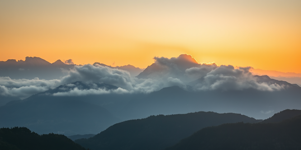 Landscape photograph of mountains partially shrouded in clouds during sunrise with soft golden light, capture using a Canon EOS R5, 24mm lens at f/8, ISO 100, with a warm color tone and high dynamic range, aerial perspective, and natural lighting for enhanced depth and detail.