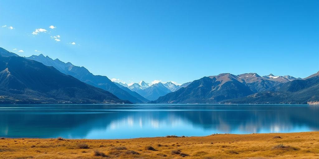 Create a high-resolution digital illustration of a serene landscape with mountains in the background, a calm lake in the foreground reflecting the blue sky, captured with a Canon EOS R5, 24mm f/1.4 lens, ISO 100, aperture set to f/8, with HDR settings to enhance the dynamic range and vibrancy.