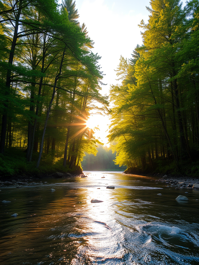 Create an image of a serene, sunlit forest scene with a clear, gently flowing river. Tall trees with lush green foliage line both sides of the river, their leaves bathed in the warm golden light of the setting or rising sun. The sunlight filters through the trees, casting soft, dappled light on the river, which flows over smooth rocks and pebbles, creating a peaceful, natural atmosphere. The sky is bright with a few scattered clouds, and the overall mood is tranquil, evoking a deep sense of connection with nature. The image captures the beauty of a calm, pristine forest landscape at either dawn or dusk.