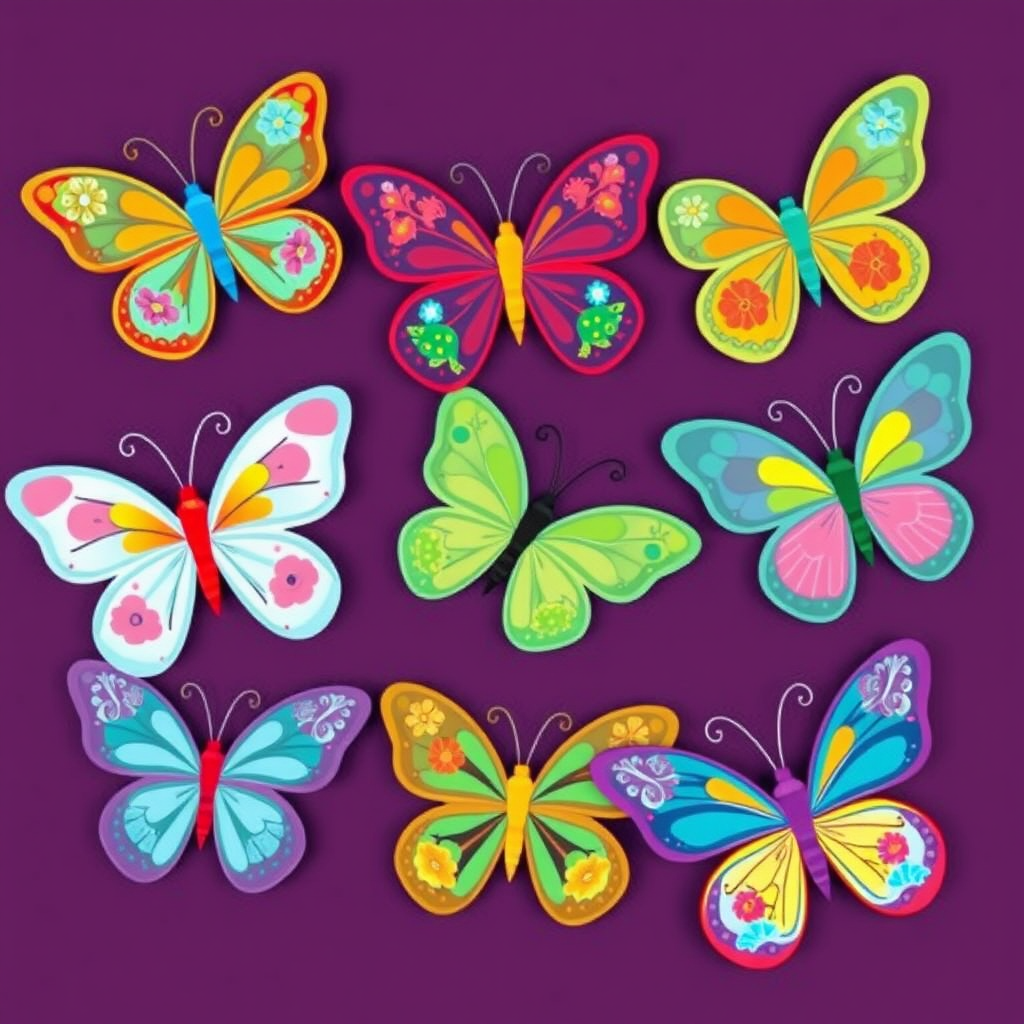 Create an image of six colorful butterflies arranged in two rows. Each butterfly should have unique patterns and vibrant colors, featuring floral designs and decorative elements. The style should be whimsical and playful, appealing to a cheerful aesthetic.