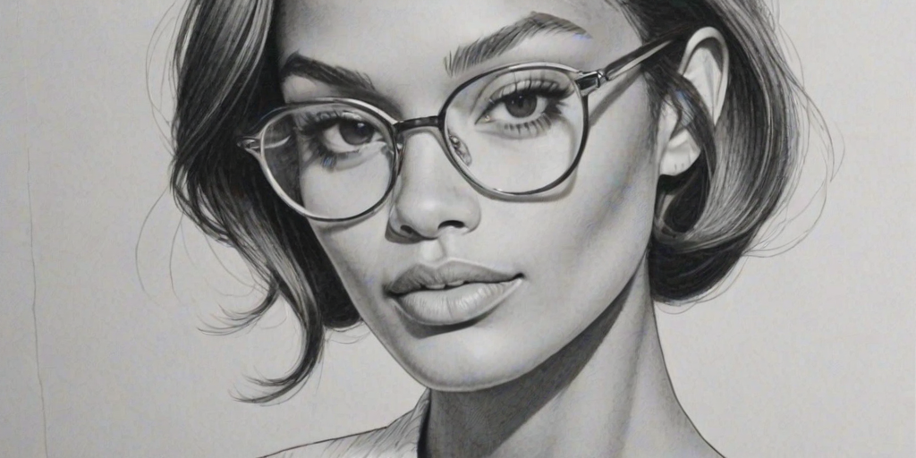 Alluring Joan Smalls, pencil sketch, portrait of Pleasing woman 1960s in glasses, hair style beatnik, outline, clear lines, fine lines, 8k