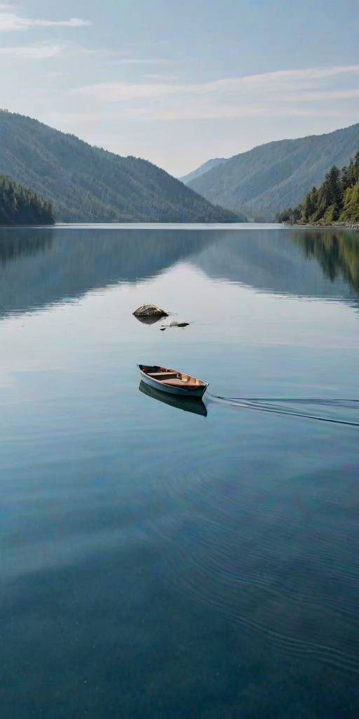 a serene blue lake with gentle waves and a small boat in the center, surrounded by a vast expanse of water and soft ripples reflecting the sky