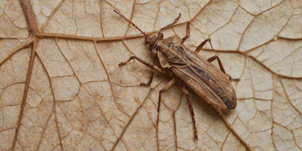 A close-up of a camouflaged insect resembling a dry leaf, with intricate textures and colors blending into a light background.