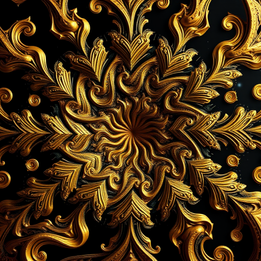Create a high-resolution digital artwork of a fractal pattern featuring swirling golden and black elements with intricate details, using a DSLR camera at f/8 aperture, 100mm focal length, ISO 200, shallow depth of field, and studio lighting to enhance clarity and texture.
