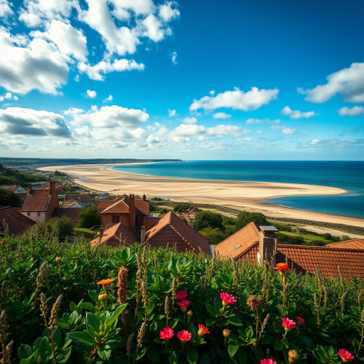 Generate a high-resolution landscape image of a coastal view with a foreground of green plants and flowers, capturing rooftops of a quaint village, a wide sandy estuary stretching to the horizon under a vibrant blue sky with scattered clouds, using a Canon EOS 5D Mark IV with a 24mm f/1.4 lens, aperture f/8, ISO 100, in natural daylight.