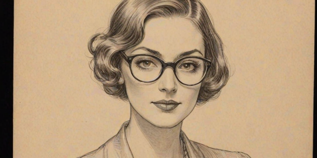Superb Kat Foster, pencil sketch, portrait of Beauteous woman 1920s in glasses, hair style beatnik, outline, clear lines, fine lines, 8k