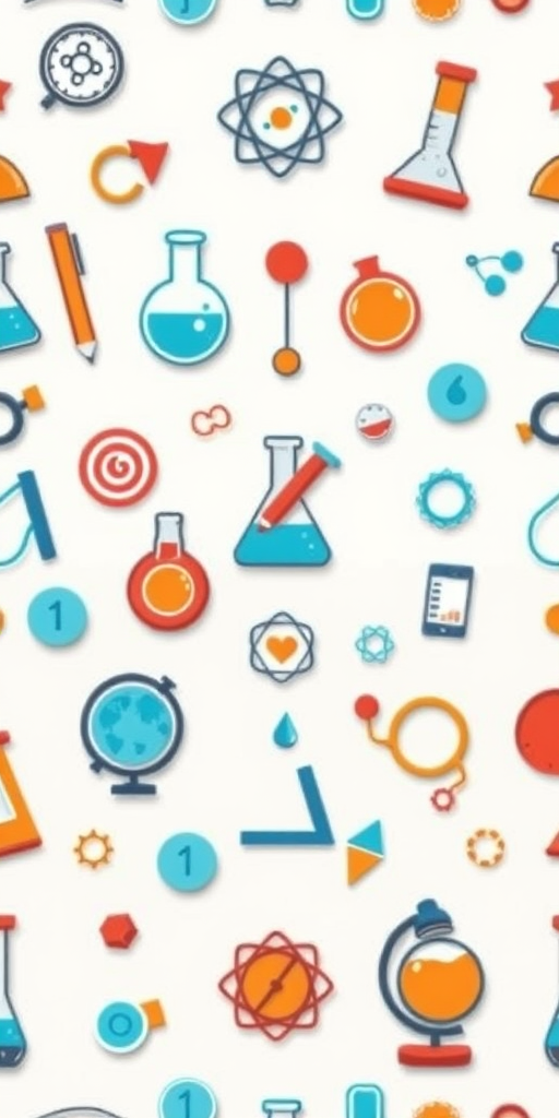 create a seamless pattern of science-related icons like beakers, microscopes, globes, and geometric shapes on a white background with high resolution, shot with a DSLR camera at f/8, ISO 100, 50mm lens, top-down angle, natural lighting