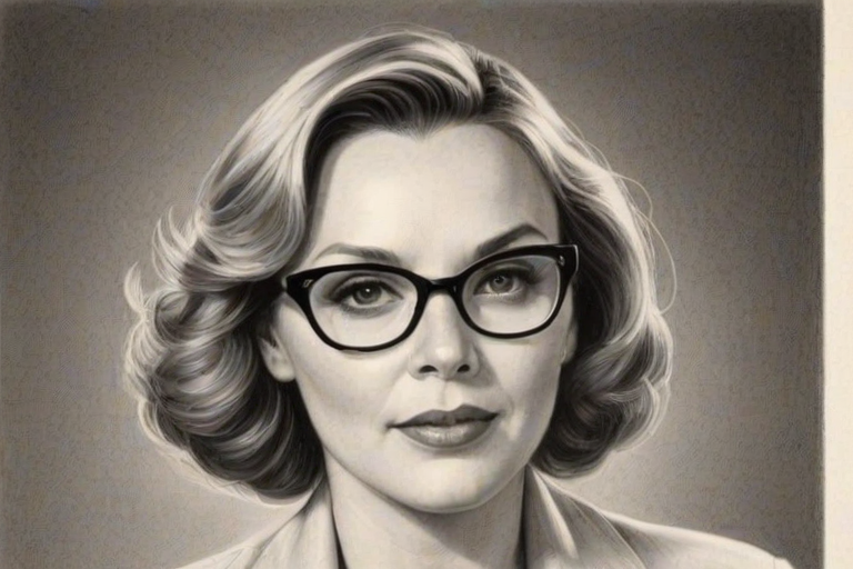 Delightful Kim Cattrall, pencil sketch, portrait of Beauteous woman 1937s in glasses, hair style beatnik, outline, clear lines, fine lines, 8k