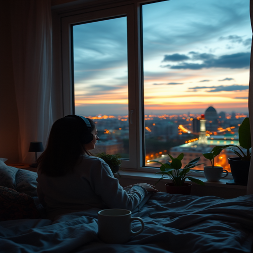 a cozy bedroom scene at sunset with a girl wearing headphones, gazing out a window filled with city lights, surrounded by plants, mugs, and a warm ambiance