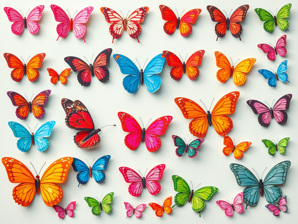 Generate an image featuring a grid of colorful butterflies. Include a variety of butterfly designs in different colors such as pink, red, blue, orange, green, and purple. Arrange them in a neat pattern, ensuring a balanced mix of each color and style.