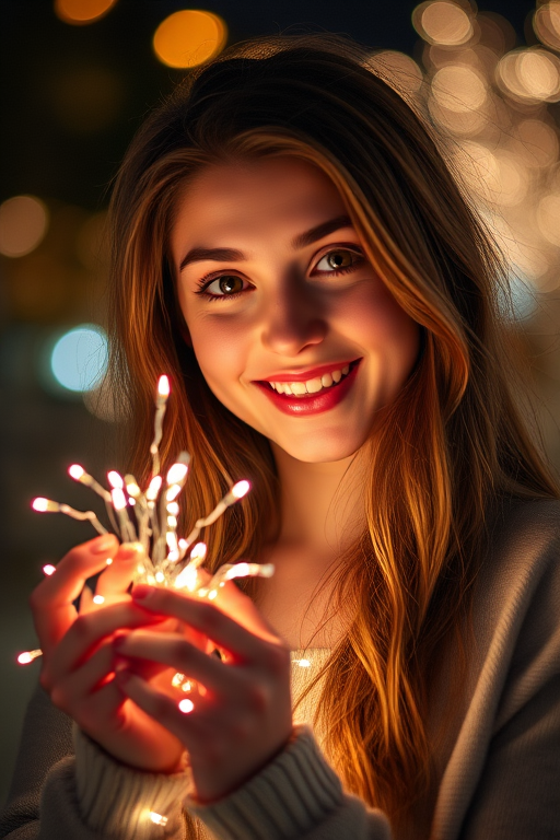 portrait of a young woman holding fairy lights at night, shallow depth of field, ISO 800, f/1.8, 50mm lens, soft bokeh background, natural light with warm tones, capturing a joyful expression