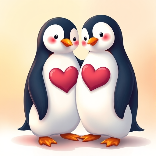 Create an illustration of two penguins with hearts on their chests, positioned closely with a soft gradient background in warm colors, using a digital art style with a high resolution of 300 DPI, in portrait orientation, with a focus on vibrant colors and soft shadows to enhance depth.