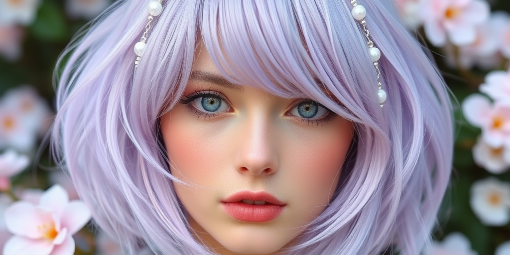 Pastel lavender bob with soft wispy bangs frames her face, accented by delicate pearl-like beads woven throughout, giving an ethereal and dreamy appearance reminiscent of a blooming garden.