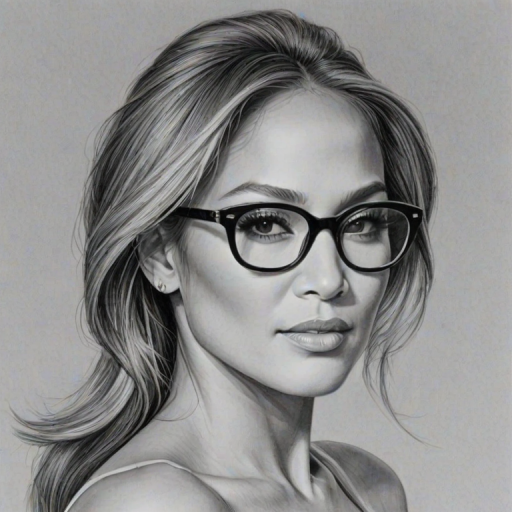 Resplendent Jennifer Lopez, pencil sketch, portrait of Captivating woman 1965s in glasses, hair style beatnik, outline, clear lines, fine lines, 8k