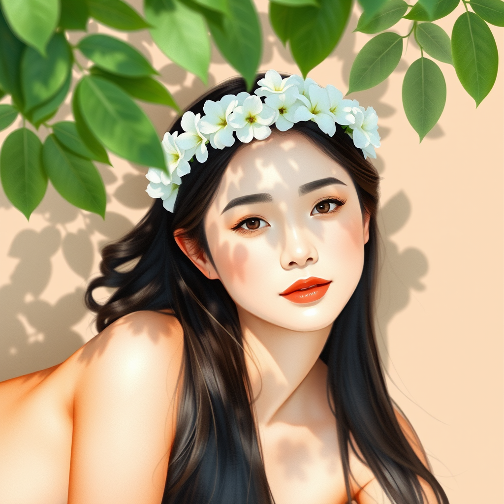 create a watercolor painting of an ethereal portrait of beautiful Taiwanese woman with a simple white flower crown on her head. Her hair is long and she is lying on the ground. The sunlight on the trees casts shadows from the leaves on her face and body. The background is a neutral brown color that matches her skin tone. The image is minimalist and solid colors. This style is characterized by soft, delicate brushstrokes and a light, airy, contrasting color palette. High level of detail and play of light
