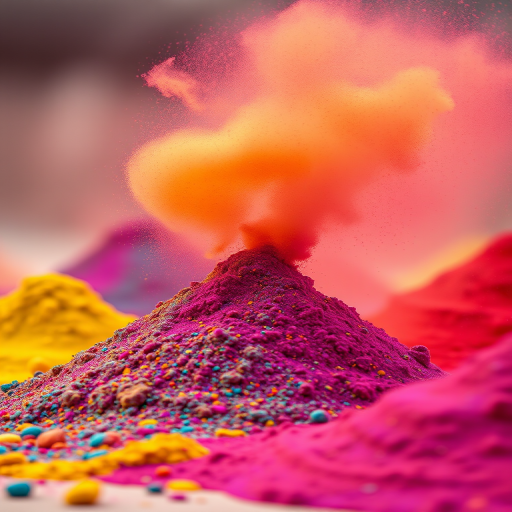 vibrant colored powders in mounds with a cloud of colorful dust rising, shot with a Canon EOS 5D Mark IV, 50mm lens, f/1.8, ISO 100, shutter speed 1/250s, natural lighting, macro view, high saturation