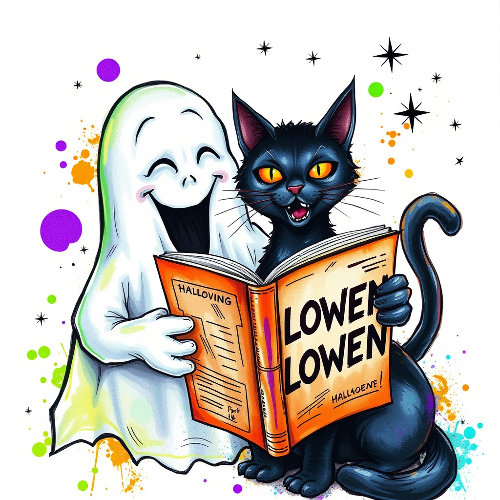 Image of a ghost and a black cat laughing exaggeratedly , and reading a comic halloween comic book, alcohol ink airbrush style, funny halloween theme, white background with neon purple, neon orange, neon green splash, black sparkles stars , dazzling BG